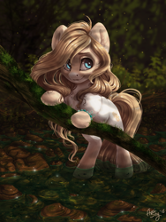 Size: 3039x4052 | Tagged: safe, artist:amishy, derpibooru import, oc, oc only, earth pony, pony, bipedal, bipedal leaning, bracelet, commission, digital art, female, forest, high res, jewelry, leaning, mare, scenery, signature, smiling, solo, standing in water, tree branch, water, ych result