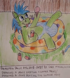 Size: 1155x1282 | Tagged: safe, artist:rapidsnap, derpibooru import, oc, oc only, oc:rapidsnap, food, ice cream, ice cream cone, paddling pool, solo, swimming pool, traditional art