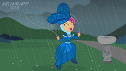 Size: 3999x2249 | Tagged: safe, artist:metalhead97, derpibooru import, scootaloo, equestria girls, for whom the sweetie belle toils, bird bath, boots, clothes, cloud, cloudy, costume, cute, cutealoo, dress, equestria girls interpretation, fountain, hat, high heel boots, i can't believe it's not hasbro studios, jewelry, jump rope, laughing, necklace, outdoors, rain, rope, scene interpretation, shoes, show accurate, skipping, soaked, wet, wet clothes, wet hair