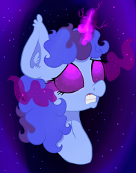 Size: 1590x2020 | Tagged: safe, artist:paskanaakka, derpibooru exclusive, derpibooru import, oc, oc only, oc:midnight dew, pony, unicorn, abstract background, bust, female, glowing eyes, glowing horn, gritted teeth, magic, mare, portrait, scared, solo, sombra eyes