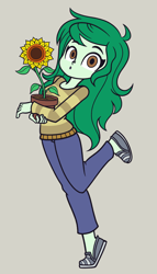 Size: 2000x3500 | Tagged: safe, artist:khuzang, derpibooru import, wallflower blush, better together, equestria girls, forgotten friendship, a friendship to remember, caught, clothes, cute, flower, flowerbetes, long hair, looking at you, most likely to be forgotten, pants, shoes, solo, sweater, wallflower and plants, whistling