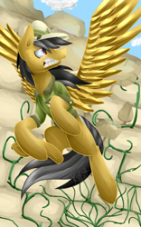 Size: 414x665 | Tagged: safe, artist:eggoat, artist:eggoatt, derpibooru import, daring do, pegasus, pony, clothes, female, flying, gritted teeth, hat, looking back, mare, pith helmet, solo, vine