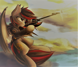 Size: 2583x2235 | Tagged: safe, artist:blvckmagic, derpibooru import, oc, oc only, oc:tomoko tanue, bat pony, pony, fallout equestria, anti-materiel rifle, anti-tank rifle, bat wings, boys anti tank rifle, clothes, cloud, cloudy, cutie mark, female, flying, gun, hoodie, hooves, mare, pokémon, rifle, sky, sniper rifle, solo, umbreon, weapon