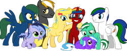 Size: 3000x1208 | Tagged: safe, artist:jeremeymcdude, oc, oc only, oc:allan taylor, oc:bright starr, oc:colt snow, oc:honey spark, oc:kittyhawk, oc:mint starr, oc:night starr, oc:skittle sweet, group photo, noogie, show accurate, simple background, transparent background, vector