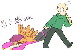 Size: 1000x649 | Tagged: safe, artist:synnibear03, derpibooru import, scootaloo, oc, oc:ponytale scootaloo, anthro, comic:ponytale, abuse, baldi, baldi's basics in education and learning, crying, dragging, imminent spanking, ruler, scootabuse, simple background, transparent background