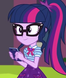 Size: 611x720 | Tagged: safe, derpibooru import, screencap, sci-twi, twilight sparkle, equestria girls, equestria girls series, text support, adorkable, cellphone, cropped, cute, dork, female, geode of telekinesis, glasses, magical geodes, nerd, phone, ponytail, smartphone, solo, twiabetes