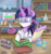 Size: 1800x1900 | Tagged: safe, artist:check3256, derpibooru import, twilight sparkle, pony, beaker, book, bookshelf, chemicals, chemistry, chest fluff, clothes, ear fluff, female, flask, glowing horn, goggles, lab coat, laboratory, magic, mare, periodic table, quill, scroll, solo, telekinesis, test tube