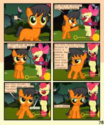 Size: 900x1080 | Tagged: safe, artist:lister-of-smeg, derpibooru import, apple bloom, oc, oc:lazybug, earth pony, pony, comic:zap-o-lantern, apple, apple gag, colt, comic, food, gag, male, tied up