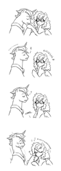 Size: 878x2470 | Tagged: safe, artist:pikokko, derpibooru import, oc, oc only, oc:floret, oc:sunset sky, pegasus, pony, unicorn, black and white, comic, fake moustache, female, gentleman, grayscale, heart, hoof kissing, male, mare, monochrome, oc x oc, offspring, offspring shipping, parent:cheese sandwich, parent:prince blueblood, parent:rainbow dash, parent:rarity, parents:cheesedash, parents:rariblood, shipping, silly, sparkles, stallion