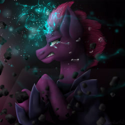 Size: 4000x4000 | Tagged: safe, artist:fandomsoverfall, derpibooru import, fizzlepop berrytwist, tempest shadow, pony, unicorn, broken horn, debris, effort, female, glowing horn, hoof shoes, magic, solo, sparking horn, teary eyes