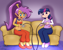 Size: 1000x800 | Tagged: safe, artist:empyu, derpibooru import, twilight sparkle, human, bra, clothes, controller, crossover, digital art, duo, female, genie, humanized, pants, playing, request, requested art, shantae, shantae (character), shoes, signature, sitting, sofa, underwear