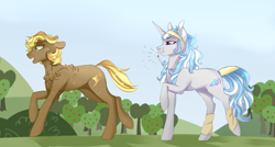 Size: 1024x549 | Tagged: safe, artist:anyatrix, derpibooru import, oc, oc only, oc:opal, oc:whiplash, earth pony, pony, unicorn, blowing, female, leg warmers, magical gay spawn, mare, offspring, parent:braeburn, parent:rarity, parent:soarin', parent:thunderlane, parents:rarilane, parents:soarburn, puffy cheeks, sweat, whistle