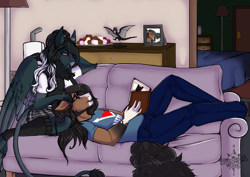 Size: 3035x2150 | Tagged: safe, artist:theecchiqueen, derpibooru import, oc, oc:pandie, oc:walter nutt, anthro, earth pony, pegasus, anthro oc, book, clothes, death by coffee, female, male, neck fluff, oc x oc, shipping, smiling, sofa, straight