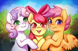 Size: 800x520 | Tagged: safe, artist:stardrawsponies, artist:starsheepsweaters, derpibooru import, apple bloom, scootaloo, sweetie belle, earth pony, pegasus, pony, unicorn, blushing, bow, colored pupils, cute, cutie mark crusaders, cutie mark cuties, female, filly, hair bow, looking at you, open mouth, outdoors, satisfied, smiling, spread wings, trio, wings