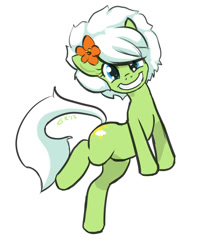 Size: 982x1107 | Tagged: safe, artist:moronsonofboron, derpibooru import, oc, oc only, oc:sunny nebels, earth pony, pony, female, flower, flower in hair, looking at you, mare, simple background, smiling, solo, standing, standing on one leg