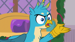 Size: 1280x720 | Tagged: safe, derpibooru import, screencap, gallus, griffon, the hearth's warming club, angry, male, solo