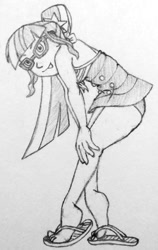 Size: 542x855 | Tagged: safe, artist:fuzzyfurvert, derpibooru import, sci-twi, twilight sparkle, better together, equestria girls, forgotten friendship, clothes, flip-flops, glasses, monochrome, pinup, sketch, solo, swimsuit, traditional art