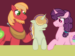 Size: 2048x1536 | Tagged: safe, artist:glamgoria-morose, artist:kindheart525, derpibooru import, big macintosh, sugar belle, oc, oc:somerset sour cider, earth pony, pony, unicorn, collaboration, digital art, female, kindverse, male, next generation, nonbinary, offspring, parent:big macintosh, parent:sugar belle, parents:sugarmac, shipping, story in the source, story included, straight, sugarmac