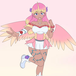 Size: 2000x2000 | Tagged: safe, artist:jonfawkes, derpibooru import, oc, oc only, alicorn, human, alicorn oc, arima verse, clothes, female, gradient background, horned humanization, humanized, humanized oc, looking at you, magical girl, raised leg, smiling, solo, winged humanization, wings