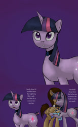 Size: 1290x2097 | Tagged: safe, doctor whooves, twilight sparkle, oc, oc:lightning blitz, pegasus, pony, ask miss twilight sparkle, ask pregnant scootaloo, baby, baby pony, colt, comic, dialogue, discord whooves, holding a pony, male, miss twilight sparkle, offspring, parent:rain catcher, parent:scootaloo, parents:catcherloo, purple background, simple background