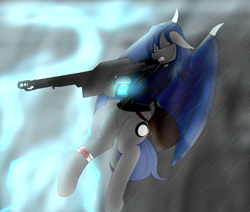 Size: 5200x4400 | Tagged: safe, artist:eclipsepenumbra, artist:eclipsethebat, derpibooru import, oc, oc:eclipse penumbra, bat pony, fallout equestria, 20mm rifle, absurd resolution, gun, lightning, rain, redraw, storm, weapon