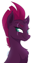 Size: 1024x2034 | Tagged: safe, artist:stepandy, derpibooru import, tempest shadow, pony, unicorn, my little pony: the movie, broken horn, bust, chest fluff, eye scar, female, mare, portrait, scar, simple background, smiling, solo, transparent background, when she smiles