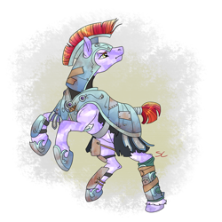 Size: 2000x2000 | Tagged: safe, artist:sourcherry, derpibooru import, oc, oc only, crystal pony, pony, armor, crystal guard, crystal guard armor, helmet, male, rearing, simple background, solo, stallion, tail wrap, tape, unnamed oc