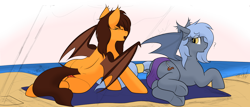 Size: 1280x547 | Tagged: safe, artist:codras, oc, oc only, oc:panne, oc:ukelele, bat pony, pony, beach, bikini, clothes, dock, eyes closed, female, mare, plot, surprised, swimsuit, tail wrap, underhoof