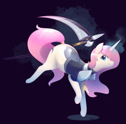 Size: 3942x3876 | Tagged: safe, artist:b-epon, derpibooru import, oc, oc only, oc:kitsuna, pony, unicorn, armor, dark background, female, magic, mare, scythe, simple background, solo, tail wrap, telekinesis, weapon