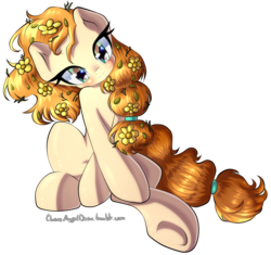 Size: 2200x2070 | Tagged: safe, artist:chaosangeldesu, pear butter, earth pony, pony, the perfect pear, commission, cute, female, flower, flower in hair, mare, pearabetes, simple background, smiling, solo, transparent background