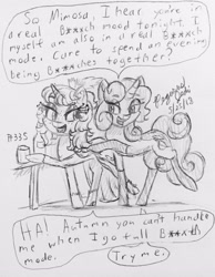 Size: 2184x2808 | Tagged: safe, artist:floofyfoxcomics, derpibooru import, oc, oc only, oc:autumn science, oc:sparkling mimosa, pony, unicorn, female, high res, mare, monochrome, traditional art, vulgar