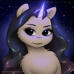 Size: 1500x1500 | Tagged: safe, artist:katputze, pony, unicorn, bust, female, glowing horn, mare, michelle phan, night, ponified, portrait, smiling, solo, stars, youtuber