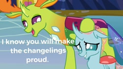 Size: 1280x720 | Tagged: safe, derpibooru import, edit, edited screencap, screencap, ocellus, thorax, changedling, changeling, school daze, caption, cute, diaocelles, female, king thorax, male, papa thorax