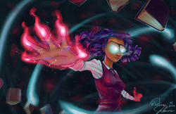 Size: 5100x3300 | Tagged: safe, artist:tadpoledraws, derpibooru import, sci-twi, twilight sparkle, equestria girls, absurd resolution, clothes, dark skin, glasses, glowing eyes, human coloration, magic, signature, solo