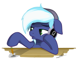 Size: 1609x1293 | Tagged: safe, artist:hardlugia, oc, oc only, oc:moonlight drop, pony, blue coat, blue mane, bored, green eyes, headphones, pencil, simple background, solo, table, transparent background, white mane