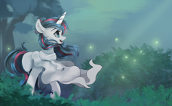 Size: 1024x629 | Tagged: safe, artist:fluttersheeeee, derpibooru import, oc, oc only, pony, unicorn, female, forest, mare, open mouth, smiling, solo, tree