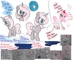 Size: 1214x1000 | Tagged: safe, artist:emositecc, derpibooru import, oc, oc:nebula, pony, unicorn, comic:empty halls, character description, information, reference sheet, sketch, text, traditional art