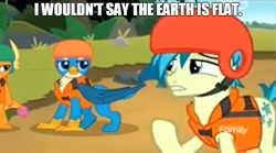 Size: 900x499 | Tagged: safe, derpibooru import, edit, edited screencap, screencap, gallus, sandbar, smolder, pony, non-compete clause, exploitable meme, flat earth, forced meme, helmet, lifejacket, meme