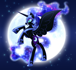 Size: 1260x1162 | Tagged: safe, artist:sugaryicecreammlp, derpibooru import, nightmare moon, alicorn, pony, armor, ethereal mane, female, full moon, mare, moon, night, rearing, side view, solo, starry mane