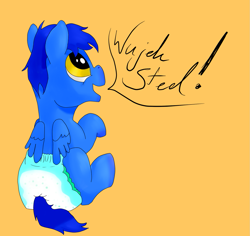 Size: 1335x1258 | Tagged: safe, artist:saxpony, oc, oc only, oc:skaj, pegasus, pony, baby, baby pony, colt, diaper, digital art, foal, male, simple background, speech bubble