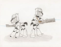 Size: 1096x848 | Tagged: safe, artist:brogararts, pony, clone trooper, clone wars, drawing, gun, minigun, ponified, rifle, star wars, weapon