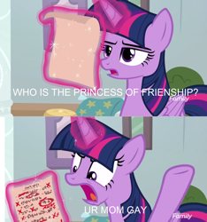 Size: 1544x1652 | Tagged: safe, derpibooru import, edit, edited screencap, screencap, twilight sparkle, twilight sparkle (alicorn), alicorn, pony, marks for effort, glowing horn, magic, school of friendship, telekinesis, vulgar, your mom, your mom gay