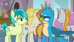 Size: 1920x1080 | Tagged: safe, derpibooru import, screencap, auburn vision, gallus, sandbar, summer breeze, summer meadow, griffon, pegasus, pony, unicorn, school daze, amused, background pony, female, friendship student, hair bun, male, mare, school of friendship, stallion, unamused