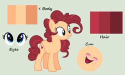 Size: 1600x958 | Tagged: safe, artist:rose-moonlightowo, derpibooru import, oc, oc:tickle pie, earth pony, pony, female, mare, offspring, parent:cheese sandwich, parent:pinkie pie, parents:cheesepie, reference sheet, simple background, solo