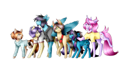 Size: 2560x1460 | Tagged: safe, artist:antidism, artist:despotshy, oc, oc only, oc:despot, oc:despy, oc:kissel, oc:nell, oc:noel, oc:vadim, earth pony, pegasus, pony, unicorn, female, male, mare, simple background, stallion, transparent background