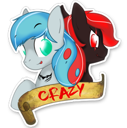 Size: 1515x1525 | Tagged: safe, artist:hardlugia, oc, oc only, oc:crazy, pony, black coat, blue mane, duo, green eyes, red eyes, red mane, simple background, sticker, tattoo, transparent background, white coat, yin-yang