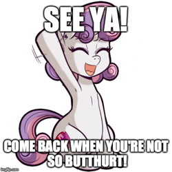 Size: 500x500 | Tagged: safe, artist:anibaruthecat, derpibooru import, sweetie belle, pony, unicorn, armpits, butthurt, caption, cute, cutie mark, diasweetes, female, filly, image macro, meme, reaction image, the cmc's cutie marks