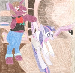 Size: 900x880 | Tagged: safe, artist:wjmmovieman, twilight sparkle, oc, pony, unicorn, bipedal, canon x oc, clothes, female, male, mare, purple underwear, stallion, striped underwear, underwear, wedgie