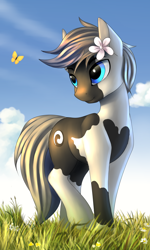 Size: 1960x3256 | Tagged: safe, artist:lightly-san, derpibooru import, oc, oc only, butterfly, earth pony, pony, cloud, commission, grass field, male, sky, solo, stallion