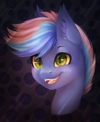 Size: 1024x1240 | Tagged: safe, artist:csox, oc, oc only, oc:echo melody, bat pony, pony, abstract background, bust, colored pupils, commission, fangs, female, mare, open mouth, slit eyes, smiling, solo